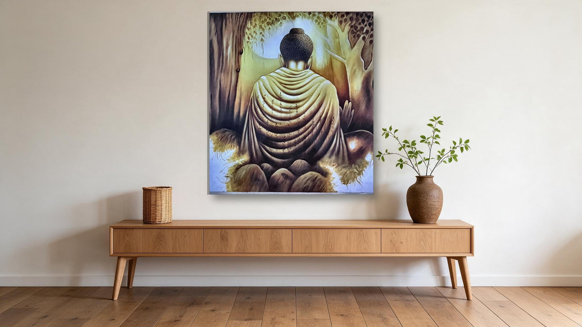 Hand-painted golden Buddha meditation canvas seen from behind beneath a tree, shown on a wide feature wall