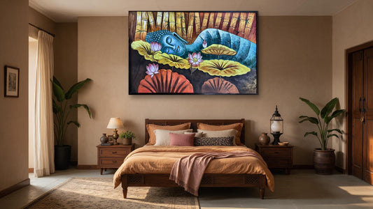 Hand-painted reclining Buddha canvas with lotus flowers and golden lily pads, shown in a bedroom