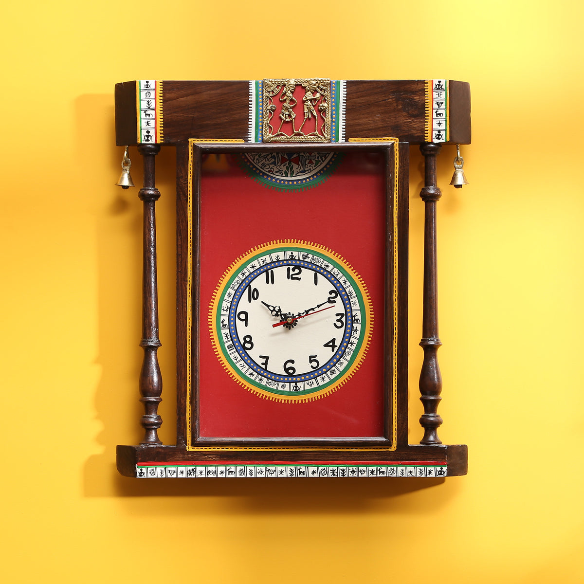 Wall Clock Handcrafted Warli Art Red Dial with Glass Frame