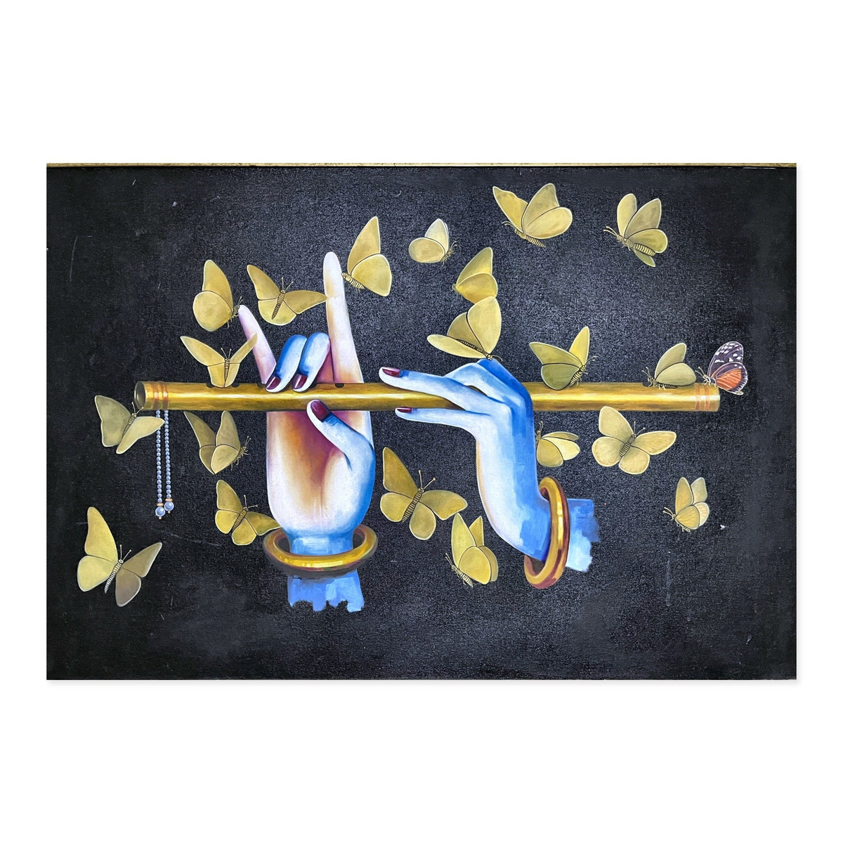 Hand-painted Krishna flute canvas with golden butterflies on black background