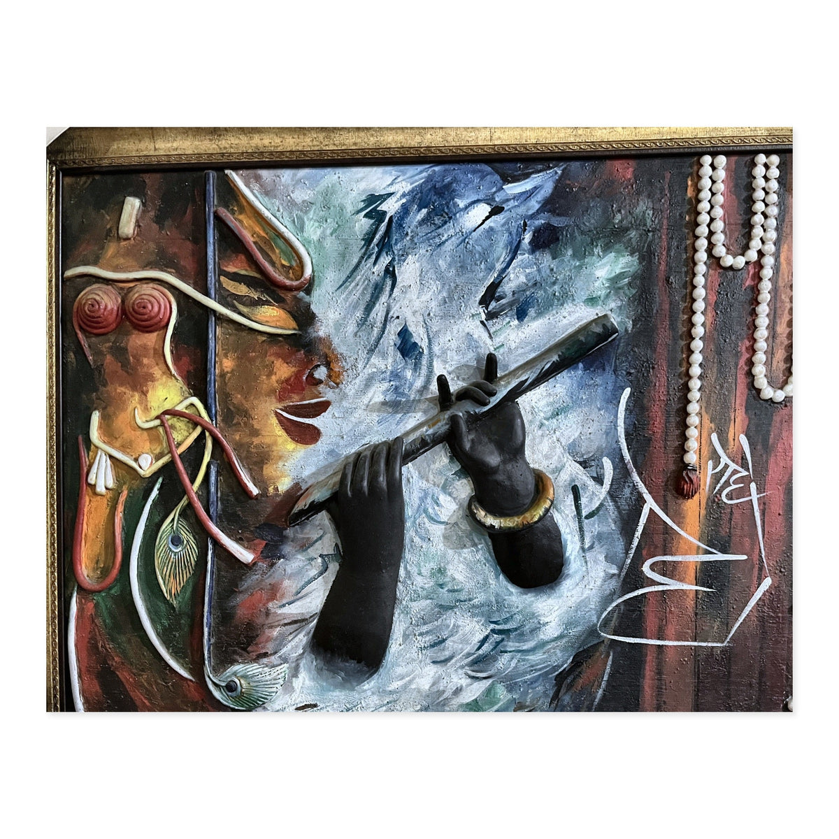 Hand-painted Krishna relief art canvas with raised texture, beads and calligraphy