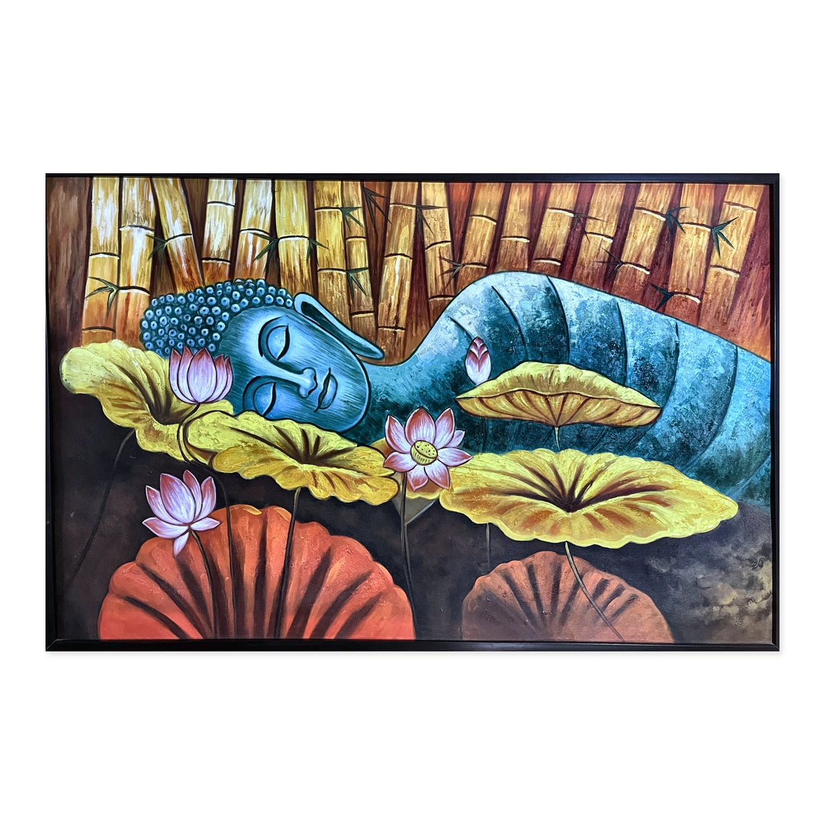 Hand-painted reclining Buddha canvas with lotus flowers and golden lily pads