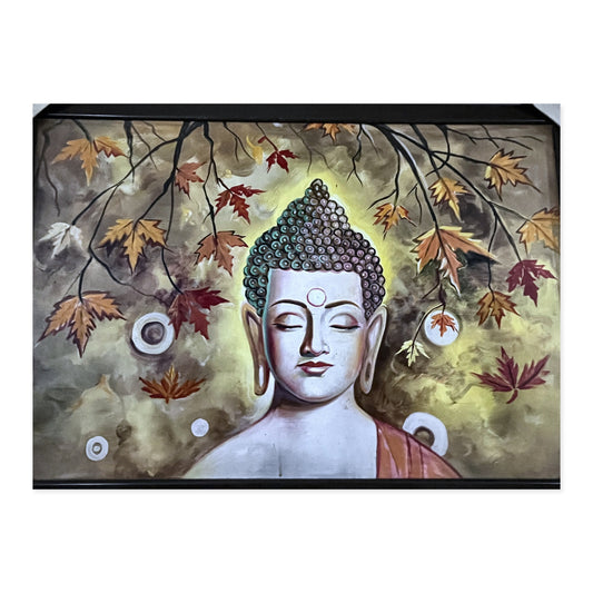 Hand-painted Buddha canvas painting with autumn maple leaves in orange and gold