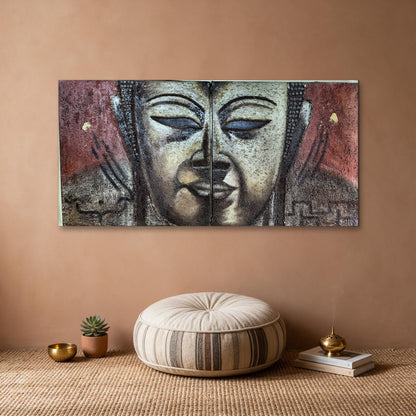 Hand-painted Buddha face diptych in textured relief across two panels, shown in a meditation corner