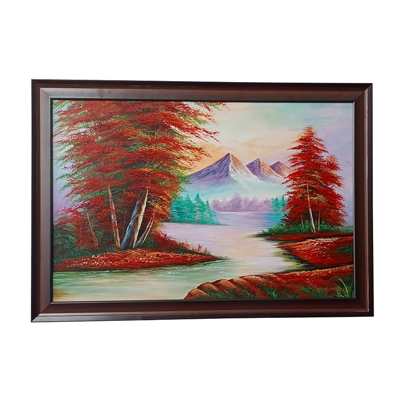 Mountain River in Autumn, hand-painted landscape with red autumn trees and snow peaks