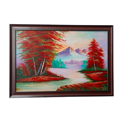Mountain River in Autumn, hand-painted landscape with red autumn trees and snow peaks