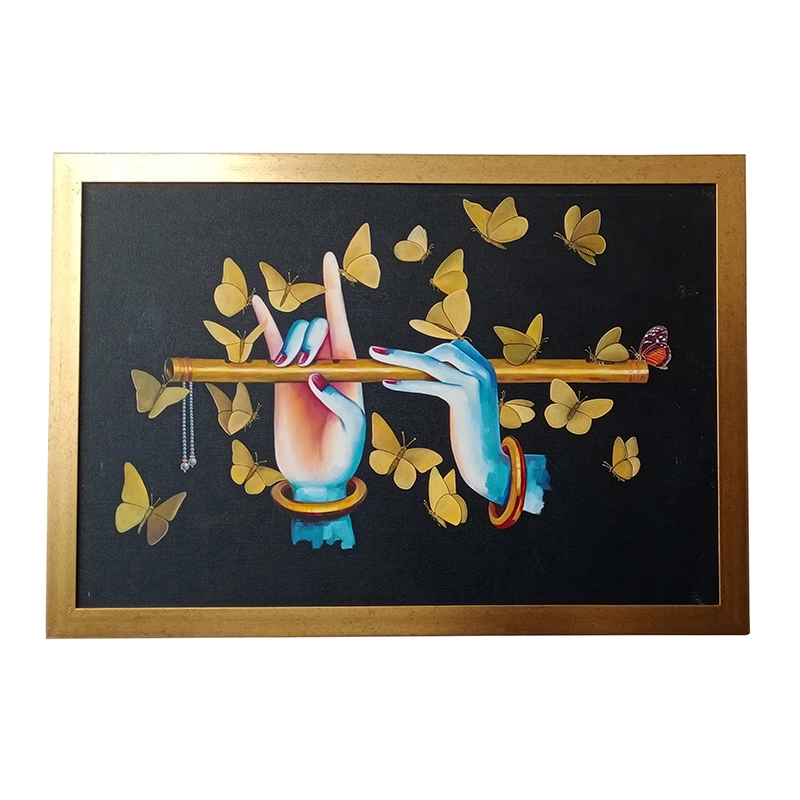 Krishna's Flute & Butterflies, hand-painted Krishna flute painting with golden butterflies