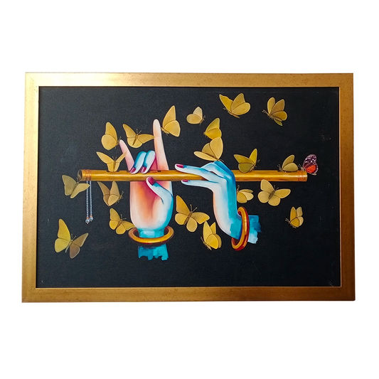 Krishna's Flute & Butterflies, hand-painted Krishna flute painting with golden butterflies