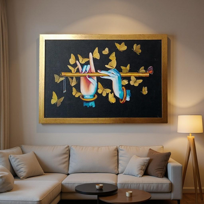 Krishna's Flute & Butterflies painting on a living room wall
