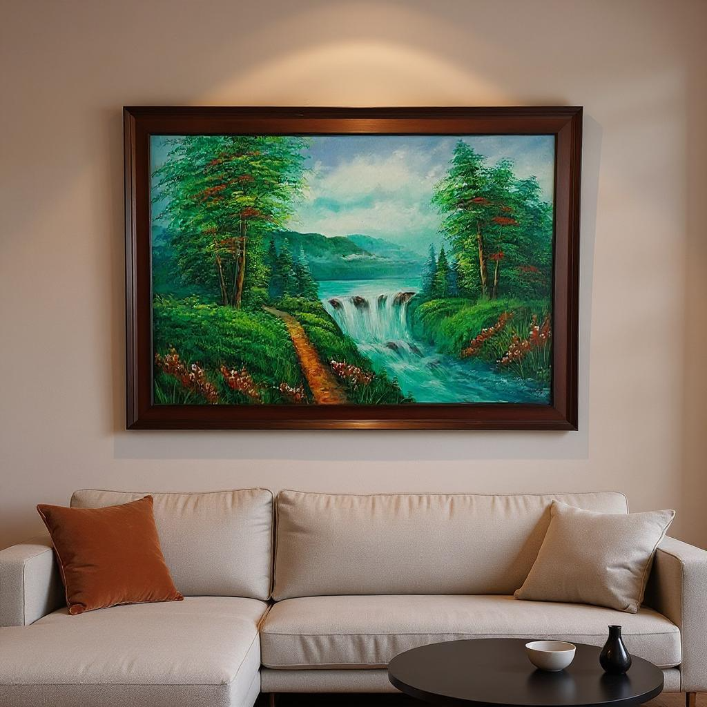 Waterfall in the Forest painting on a living room wall