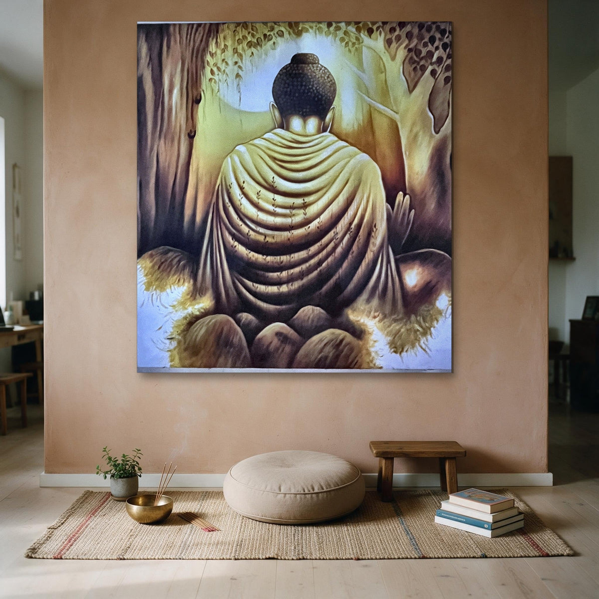 Hand-painted golden Buddha meditation canvas seen from behind beneath a tree, shown in a meditation corner