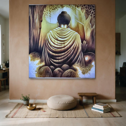 Hand-painted golden Buddha meditation canvas seen from behind beneath a tree, shown in a meditation corner