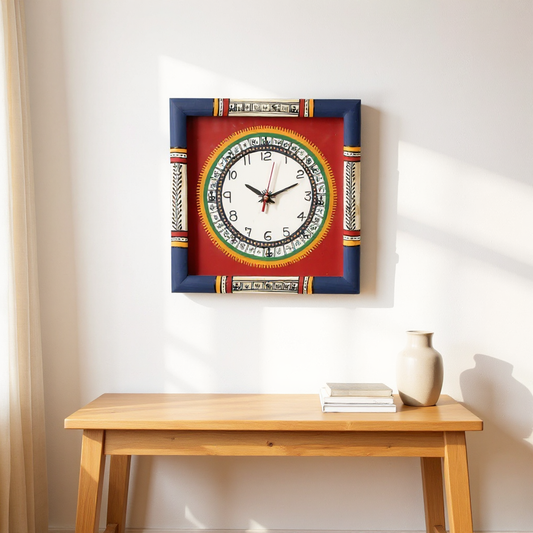 Handcrafted Wall Clock Warli Art, Glass Frame, shown on a wall