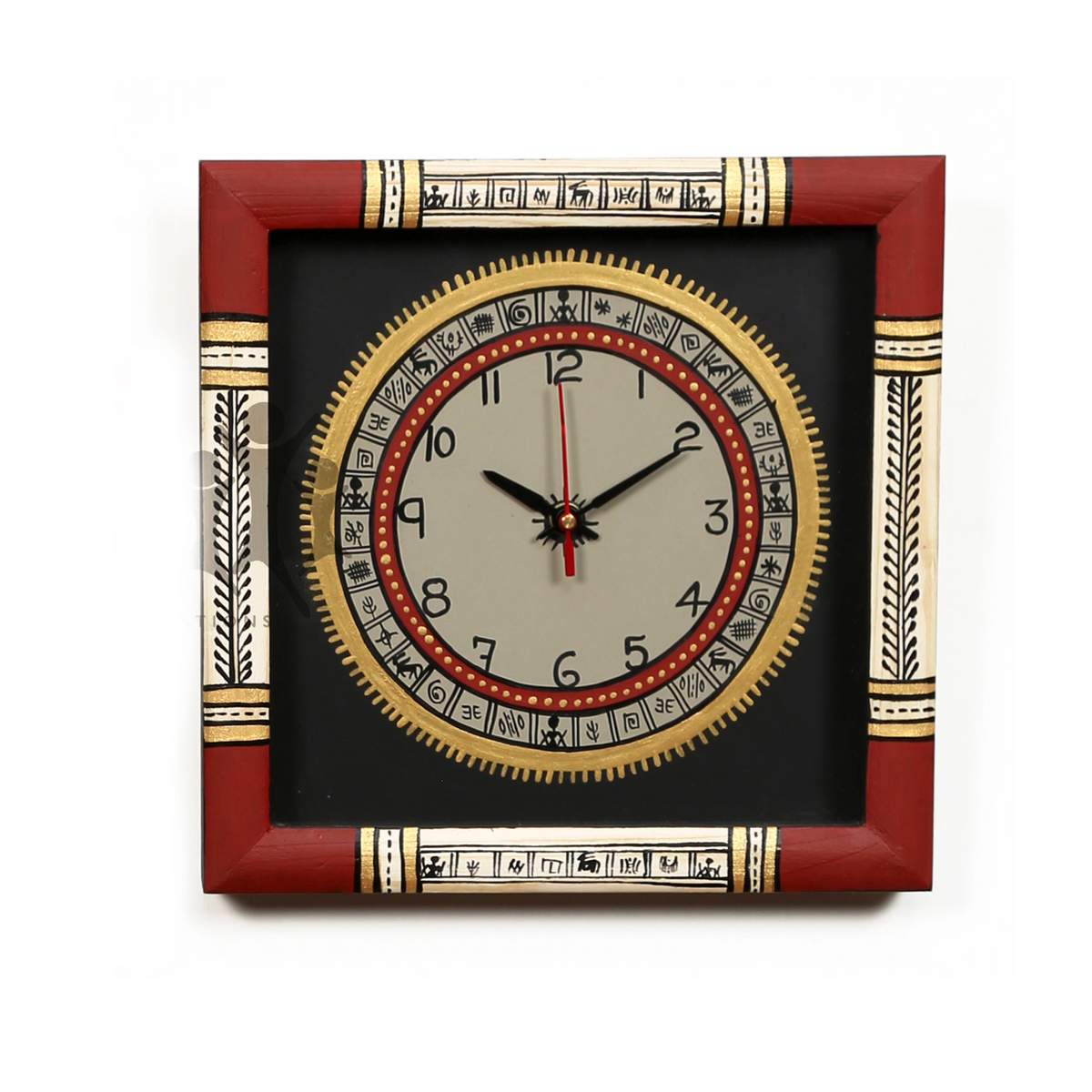 Handcrafted Wall Clock Warli Art, Glass Frame, black and red
