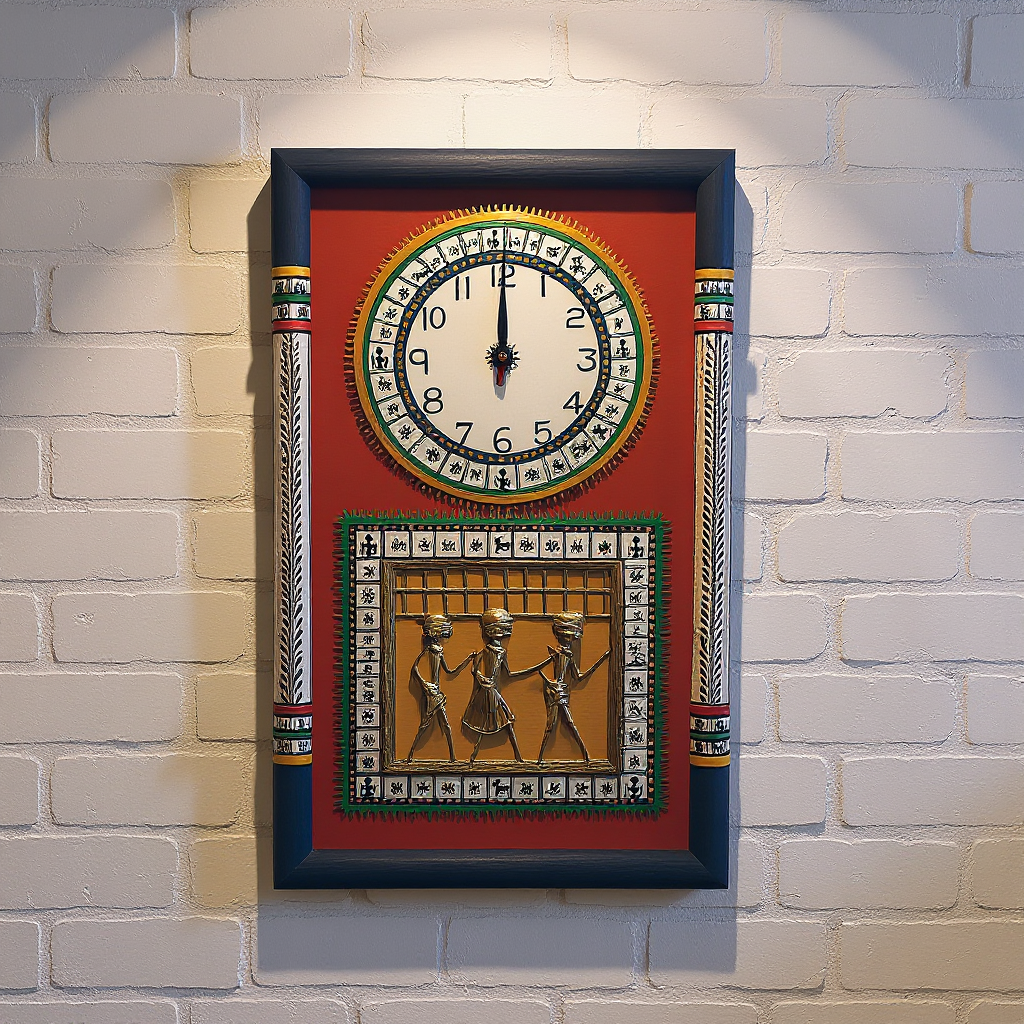 Handcrafted Warli and Dhokra Art Wall Clock, shown on a brick wall