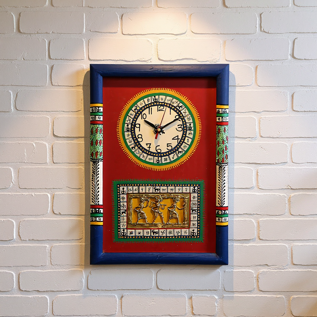 Handcrafted Warli and Dhokra Art Wall Clock, 10 x 15 in, shown on a brick wall