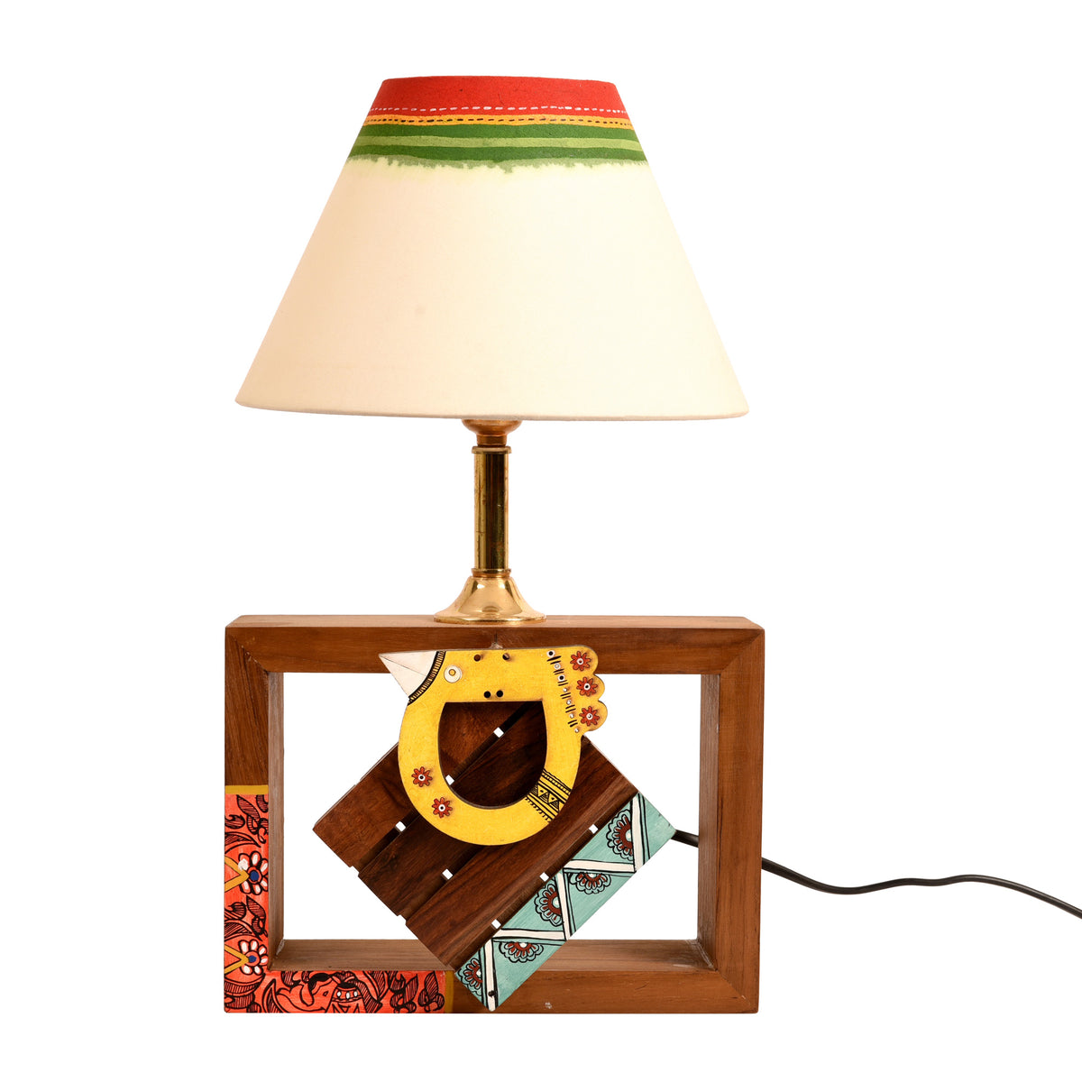 Handcrafted Wooden Table Lamp with Tribal Motifs