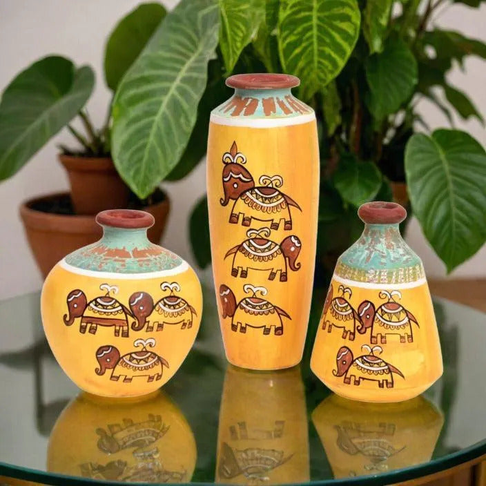 Happy Elephant Scratched Yellow Vases (Set of 3), styled with plants
