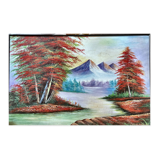 Hand-painted mountain river landscape canvas with red autumn trees and snow peaks