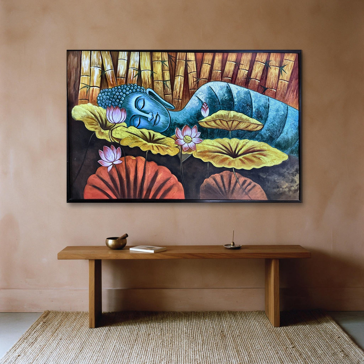 Hand-painted reclining Buddha canvas with lotus flowers and golden lily pads, shown in a meditation corner