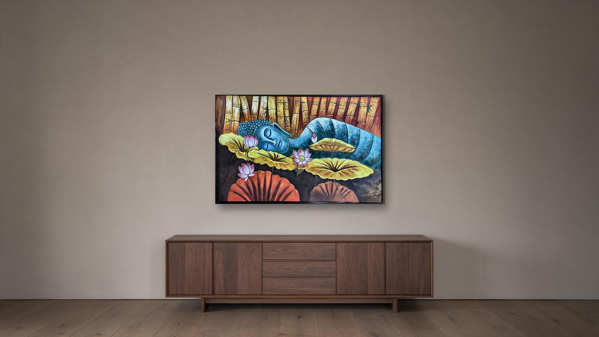 Hand-painted reclining Buddha canvas with lotus flowers and golden lily pads, shown on a wide feature wall