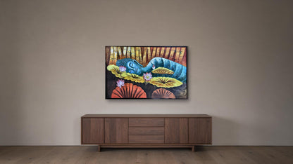 Hand-painted reclining Buddha canvas with lotus flowers and golden lily pads, shown on a wide feature wall