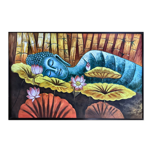 Hand-painted reclining Buddha canvas with lotus flowers and golden lily pads