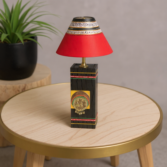Table Lamp in Wood Handcrafted with Dhokra & Warli Art, styled on a side table