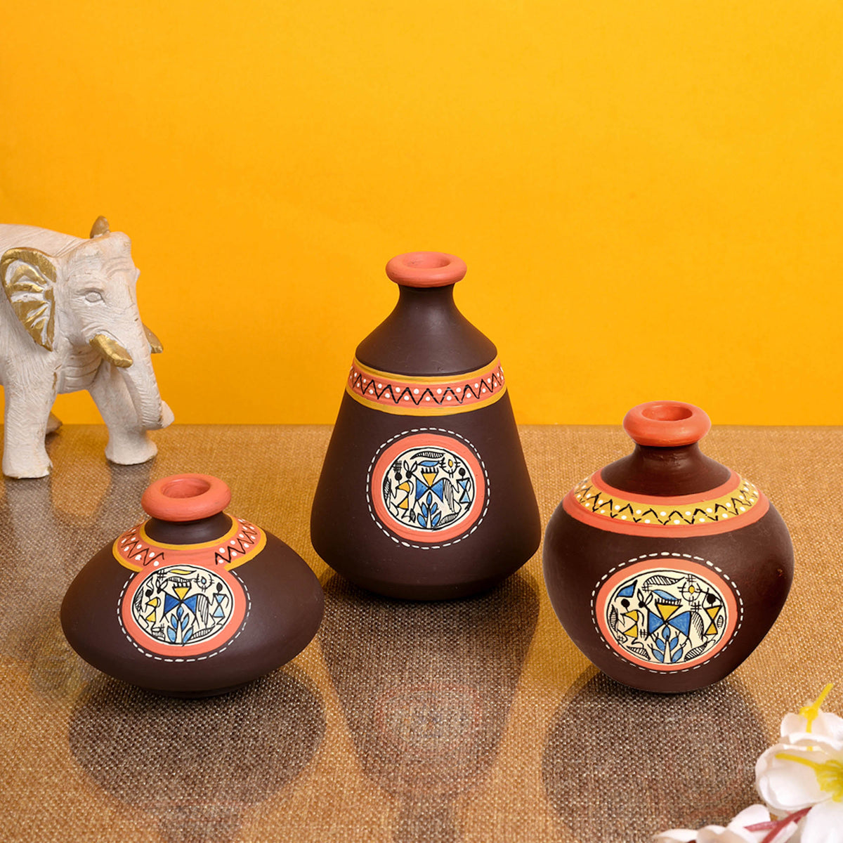 Vase Earthen Miniatures Brown Warli (Set of 3), styled on a table