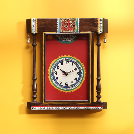 Wall Clock Handcrafted Warli Art Red Dial with Glass Frame